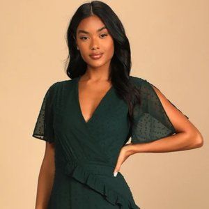 LULUS 'Next to You' Emerald Green Swiss Dot Ruffled Midi Dress